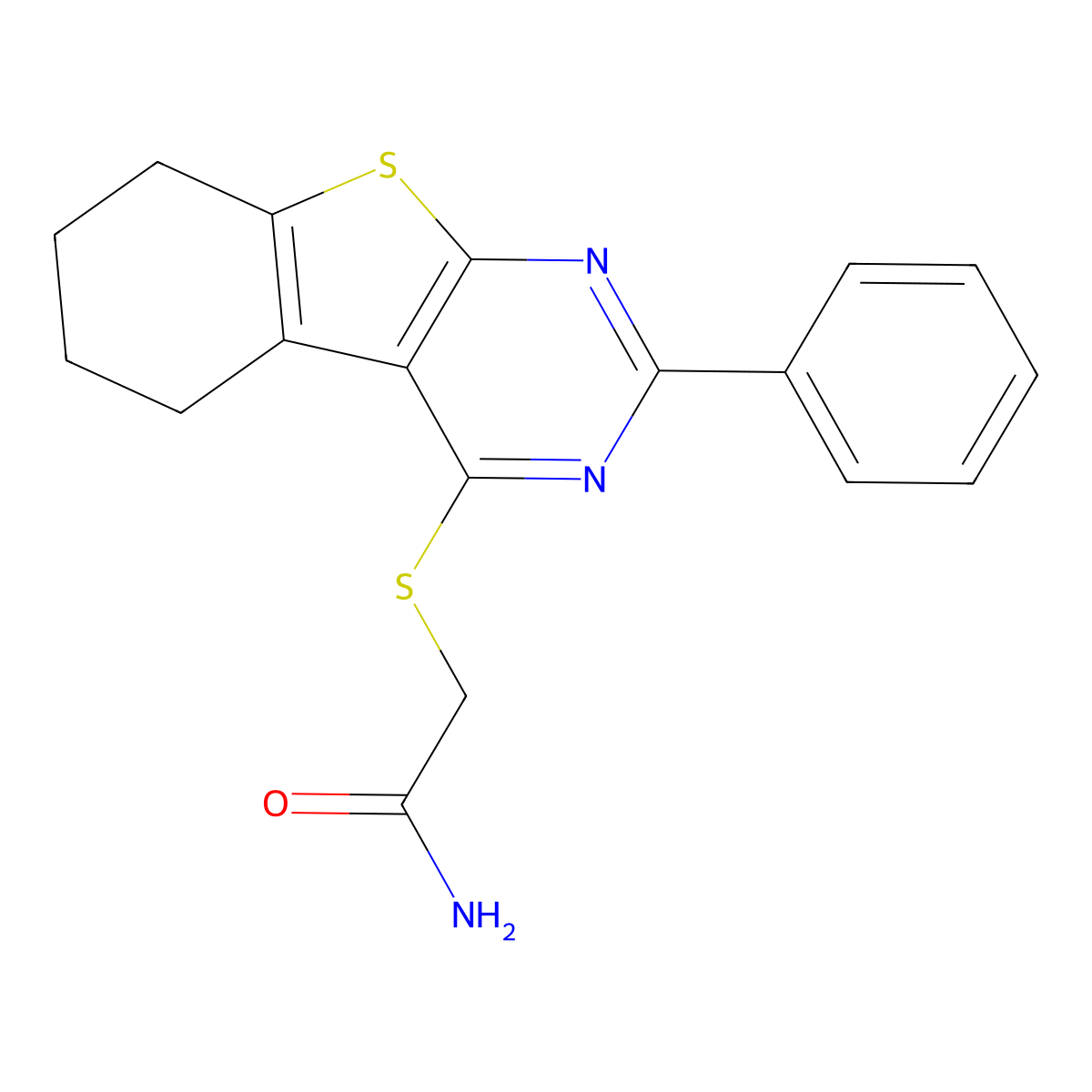 2-[(2-Phenyl-5,6,7,8-tetrahydro-[1]benzothiolo[2,3-d]pyrimidin-4-yl)sulfanyl]acetamide molecular structure, CAS 488726-10-9