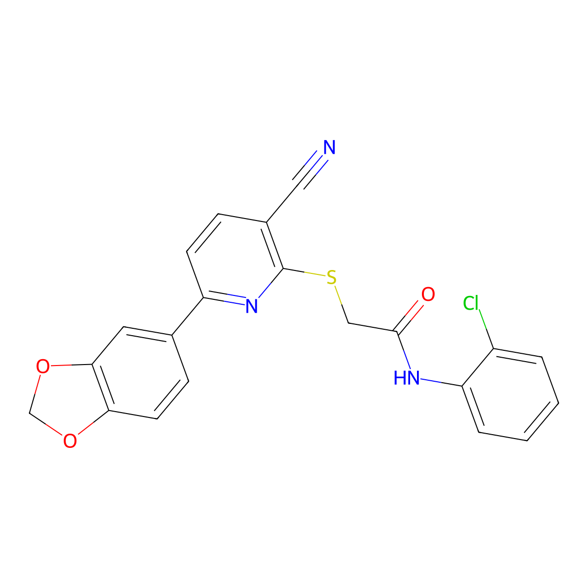 2-[6-(1,3-benzodioxol-5-yl)-3-cyanopyridin-2-yl]sulfanyl-N-(2-chlorophenyl)acetamide molecular structure, CAS 488726-14-3
