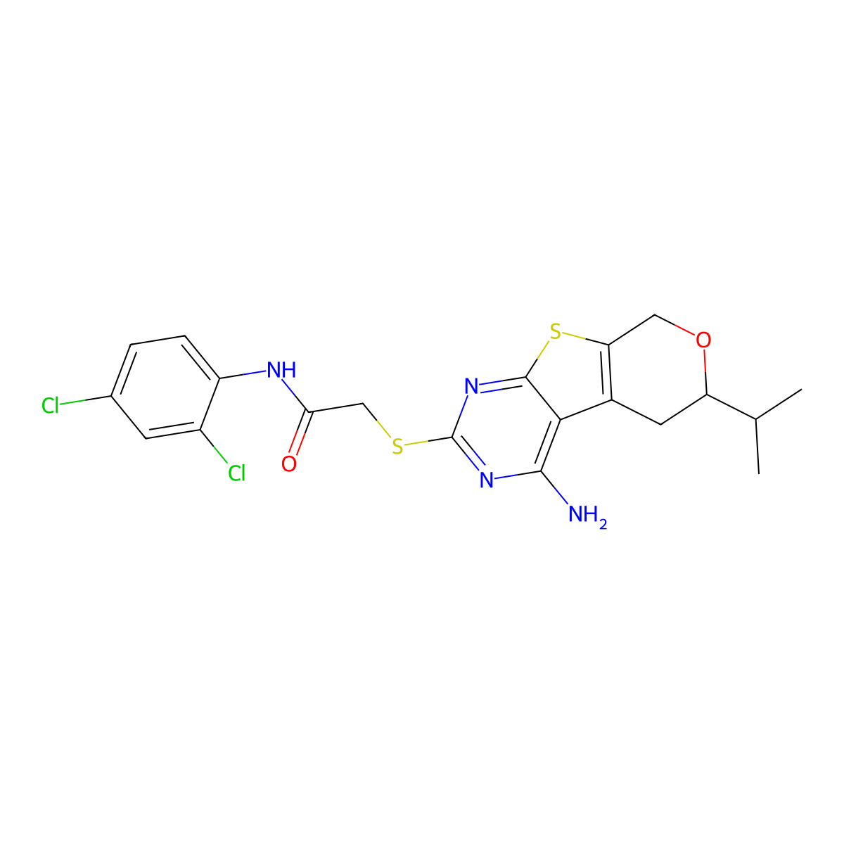 2-[(4-amino-6-propan-2-yl-6,8-dihydro-5H-pyrano[4,5]thieno[1,2-c]pyrimidin-2-yl)sulfanyl]-N-(2,4-dichlorophenyl)acetamide molecular structure, CAS 488726-16-5