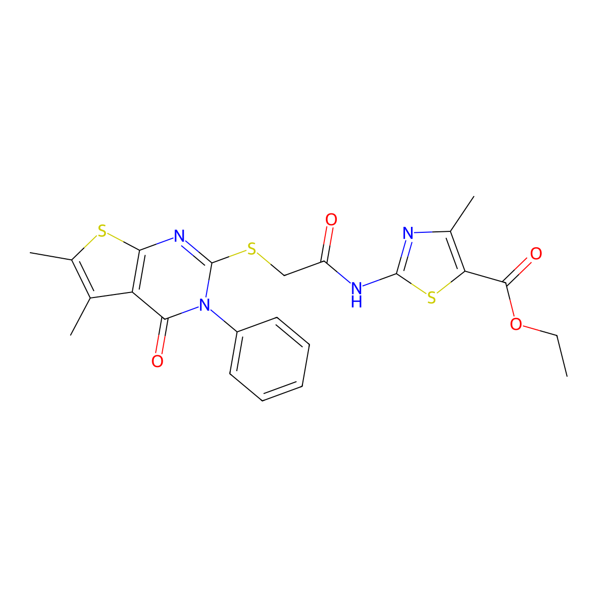 Ethyl 2-[2-(5,6-dimethyl-4-oxo-3-phenyl(3-hydrothiopheno[2,3-d]pyrimidin-2-ylt hio))acetylamino]-4-methyl-1,3-thiazole-5-carboxylate molecular structure, CAS 488726-87-0