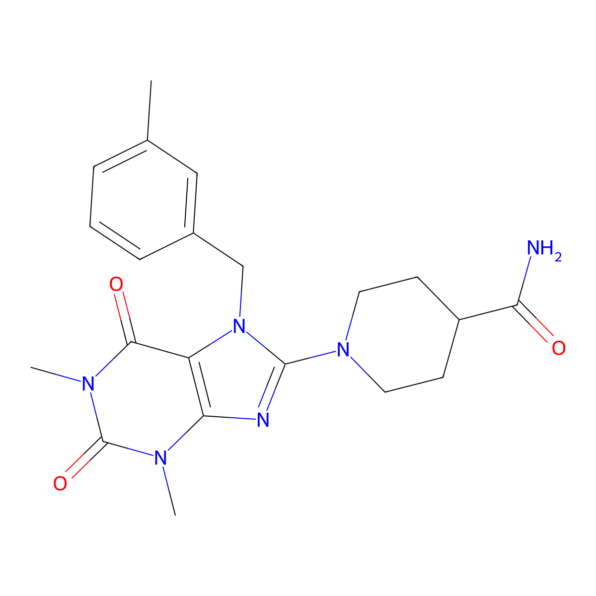 1-(1,3-dimethyl-7-(3-methylbenzyl)-2,6-dioxo-2,3,6,7-tetrahydro-1H-purin-8-yl)piperidine-4-carboxamide molecular structure, CAS 488726-95-0