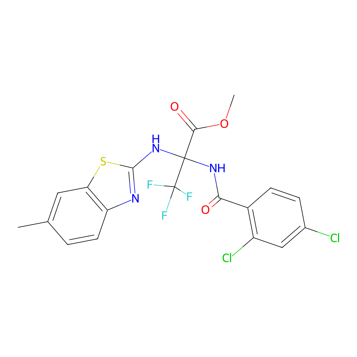 Methyl 2-[(2,4-dichlorobenzoyl)amino]-3,3,3-trifluoro-2-[(6-methyl-1,3-benzothiazol-2-yl)amino]propanoate molecular structure, CAS 488727-40-8