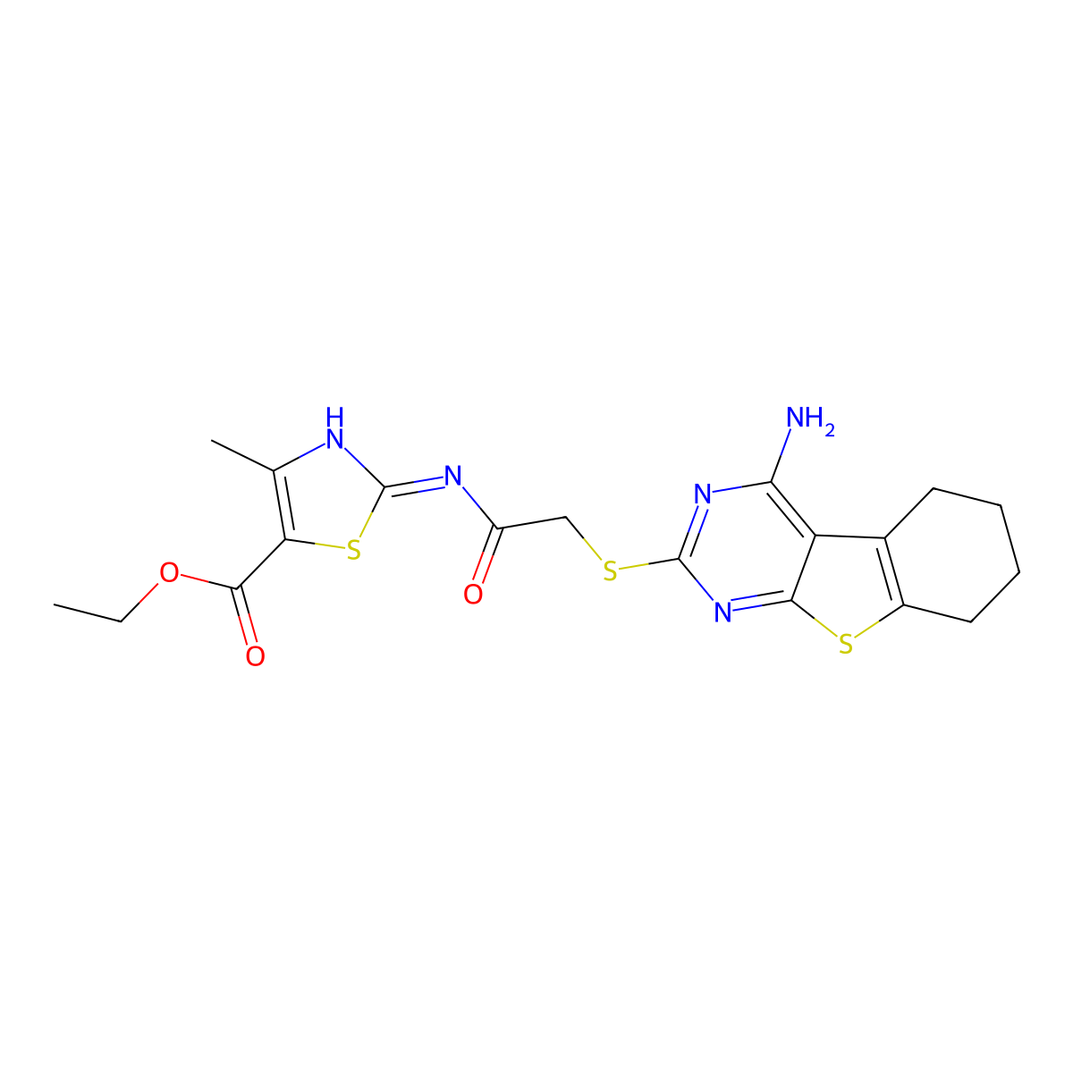 Ethyl 2-({[(4-amino-5,6,7,8-tetrahydro[1]benzothieno[2,3-d]pyrimidin-2-yl)sulfanyl]acetyl}amino)-4-methyl-1,3-thiazole-5-carboxylate molecular structure, CAS 488731-79-9