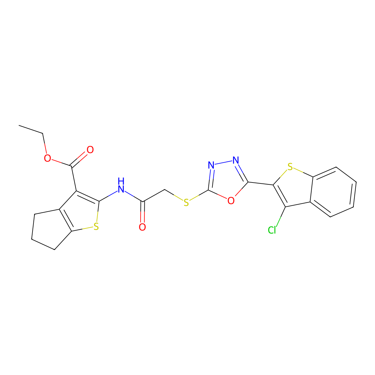 ethyl 2-[({[5-(3-chloro-1-benzothiophen-2-yl)-1,3,4-oxadiazol-2-yl]sulfanyl}acetyl)amino]-5,6-dihydro-4H-cyclopenta[b]thiophene-3-carboxylate molecular structure, CAS 488732-33-8