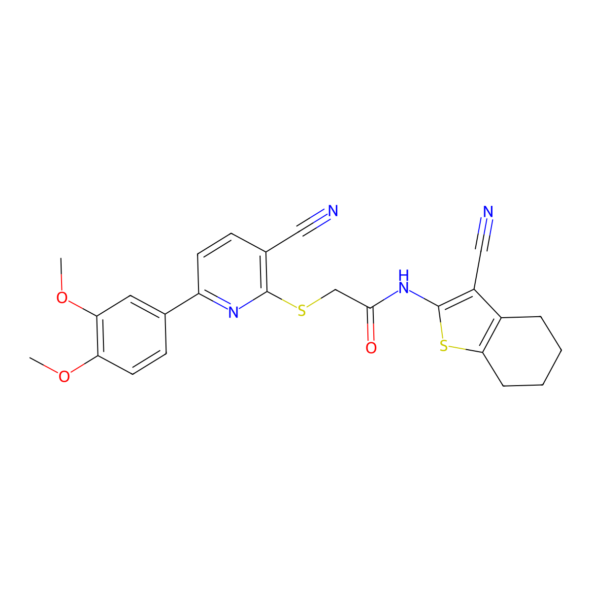 2-[3-cyano-6-(3,4-dimethoxyphenyl)pyridin-2-yl]sulfanyl-N-(3-cyano-4,5,6,7-tetrahydro-1-benzothiophen-2-yl)acetamide molecular structure, CAS 488732-61-2