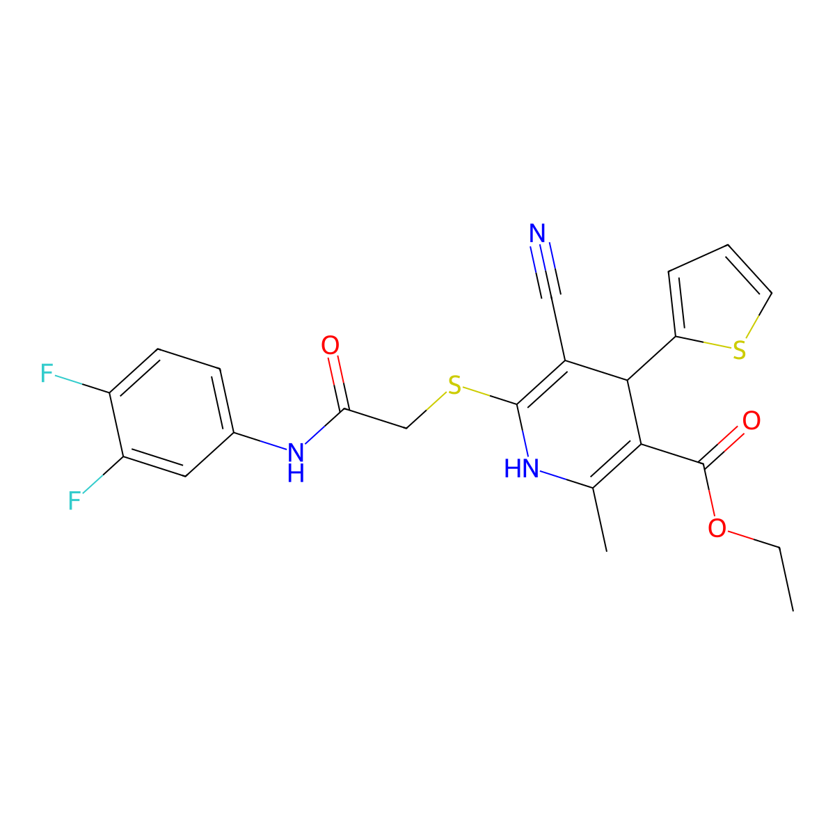 Ethyl 5-cyano-6-[2-(3,4-difluoroanilino)-2-oxoethyl]sulfanyl-2-methyl-4-thiophen-2-yl-1,4-dihydropyridine-3-carboxylate molecular structure, CAS 488732-74-7