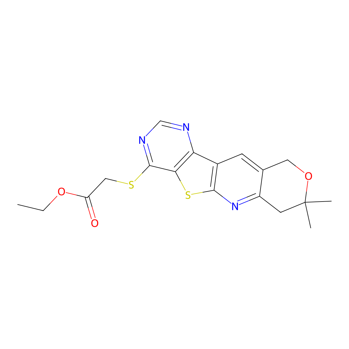 ethyl 2-((8,8-dimethyl-8,10-dihydro-7H-pyrano[3'',4'':5',6']pyrido[3',2':4,5]thieno[3,2-d]pyrimidin-4-yl)thio)acetate molecular structure, CAS 488732-77-0