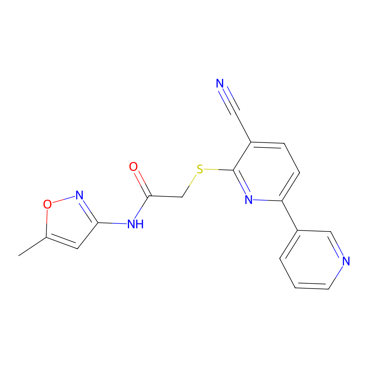 2-(3-cyano-6-pyridin-3-ylpyridin-2-yl)sulfanyl-N-(5-methyl-1,2-oxazol-3-yl)acetamide molecular structure, CAS 488733-15-9