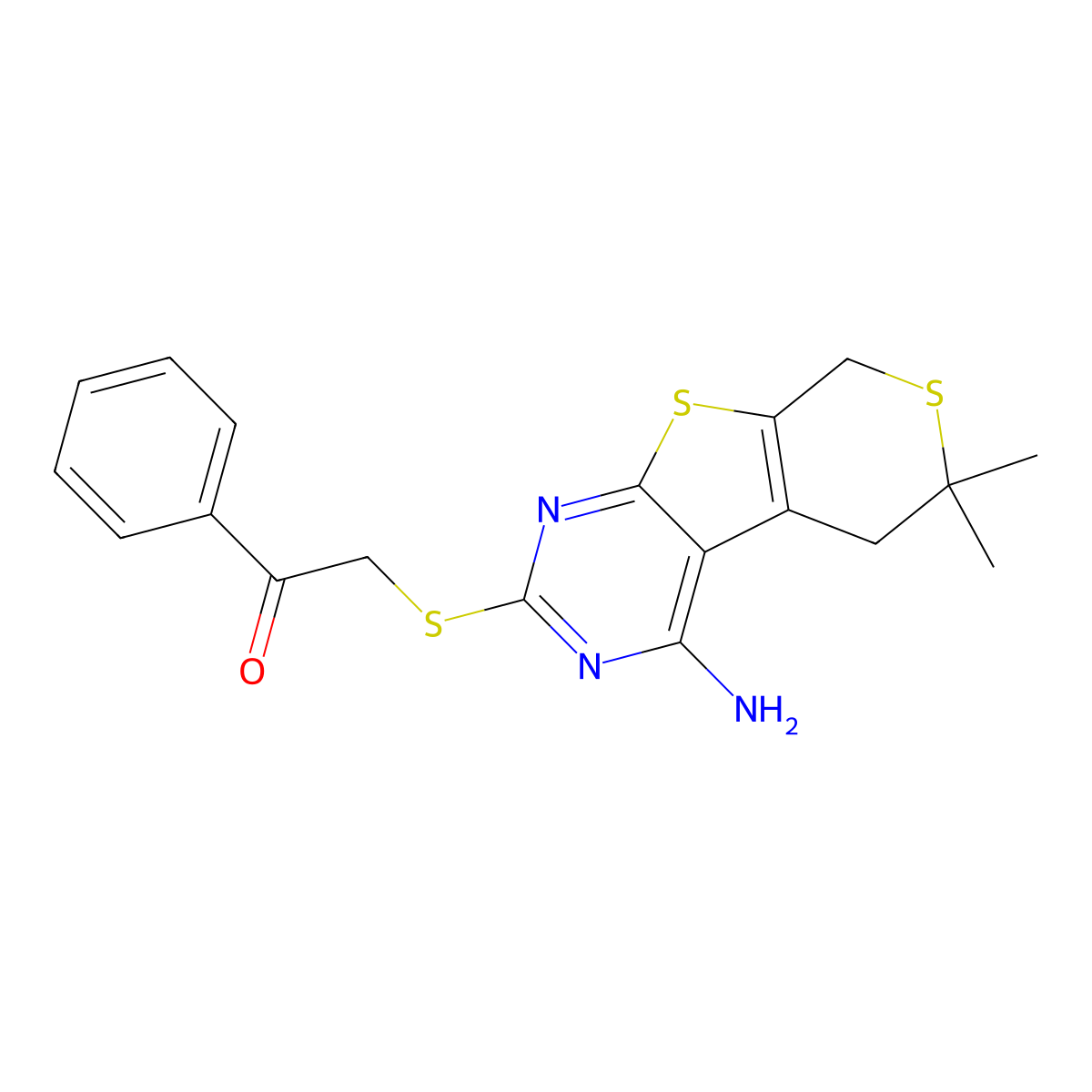 2-[(4-Amino-6,6-dimethyl-5,8-dihydrothiopyrano[4,5]thieno[1,2-c]pyrimidin-2-yl)sulfanyl]-1-phenylethanone molecular structure, CAS 488733-18-2
