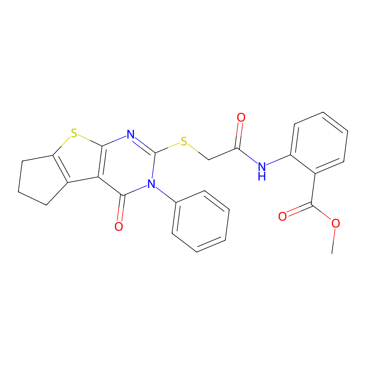 Methyl 2-[2-(4-oxo-3-phenyl-3,5,6,7-tetrahydrocyclopenta[2,1-d]pyrimidino[4,5-b]thiophen-2-ylthio)acetylamino]benzoate molecular structure, CAS 488733-30-8