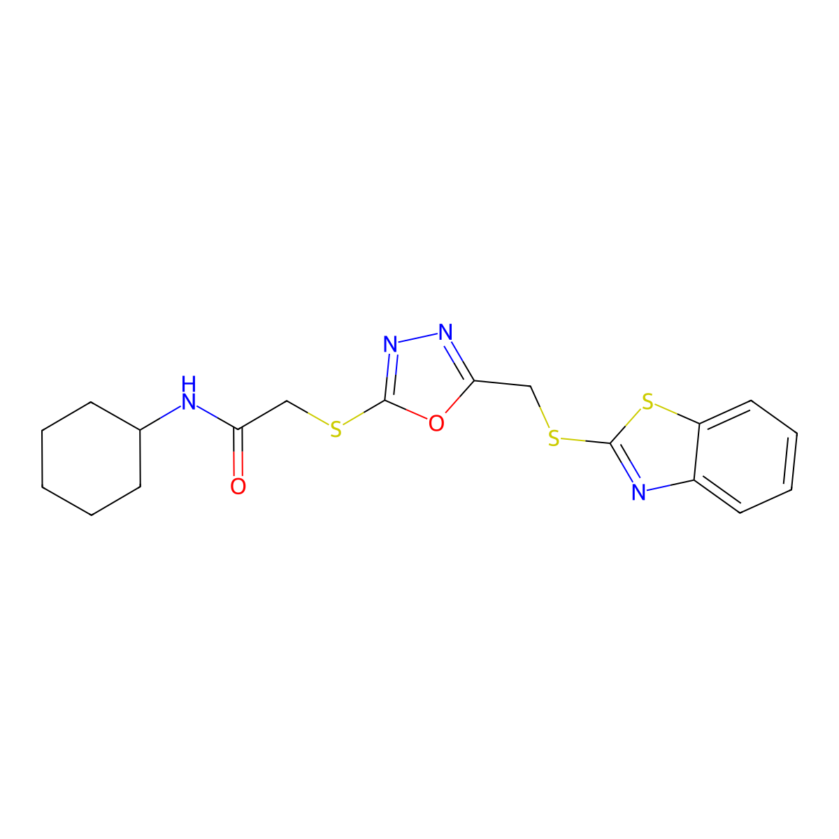 2-({5-[(1,3-benzothiazol-2-ylsulfanyl)methyl]-1,3,4-oxadiazol-2-yl}sulfanyl)-N-cyclohexylacetamide molecular structure, CAS 488733-94-4