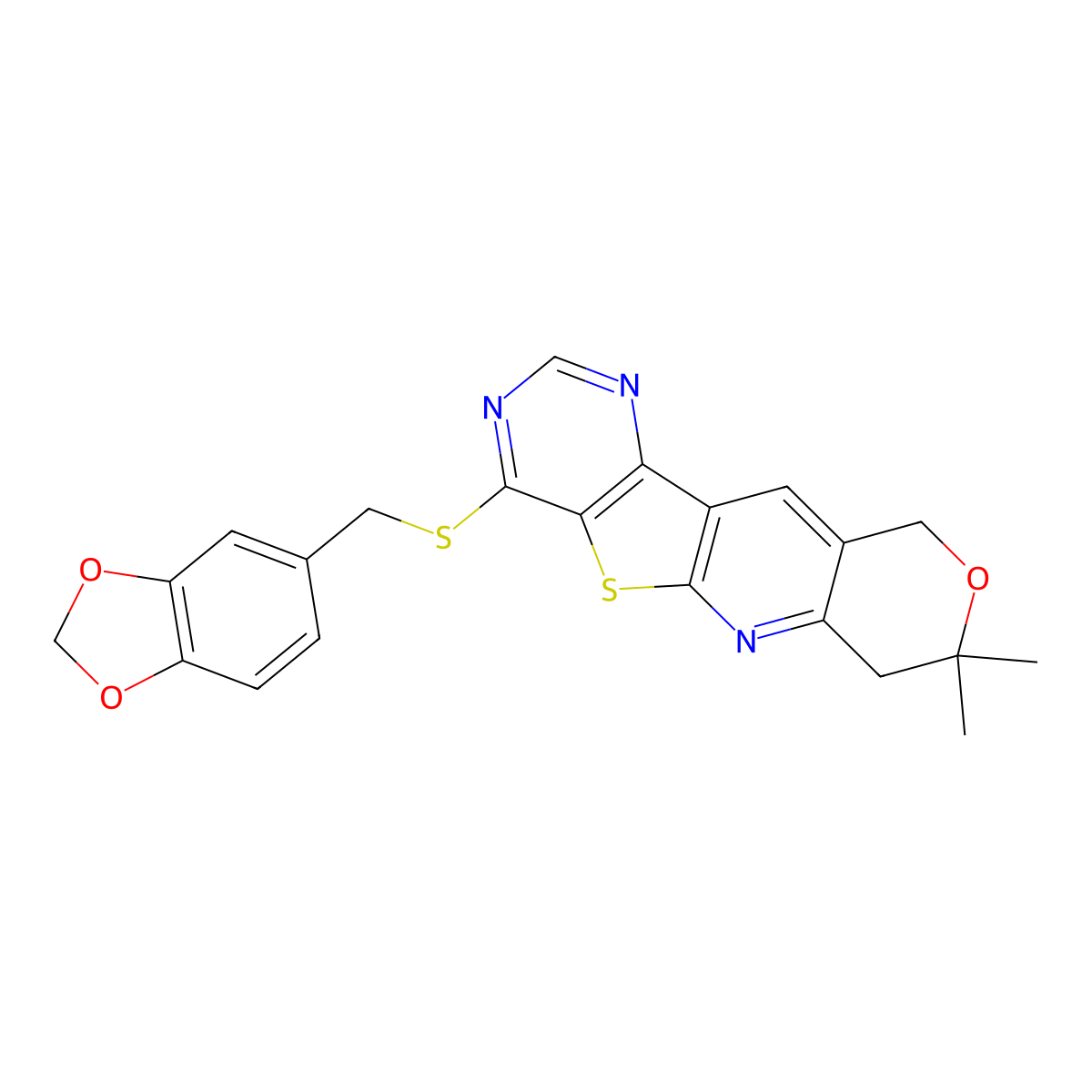 4-((benzo[d][1,3]dioxol-5-ylmethyl)thio)-8,8-dimethyl-8,10-dihydro-7H-pyrano[3'',4'':5',6']pyrido[3',2':4,5]thieno[3,2-d]pyrimidine molecular structure, CAS 488734-78-7