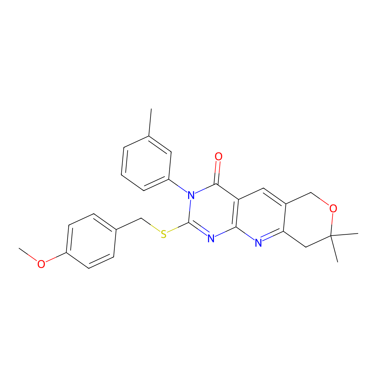 2-[(4-Methoxyphenyl)methylsulfanyl]-8,8-dimethyl-3-(3-methylphenyl)-6,9-dihydropyrano[3,4]pyrido[3,5-b]pyrimidin-4-one molecular structure, CAS 488735-03-1