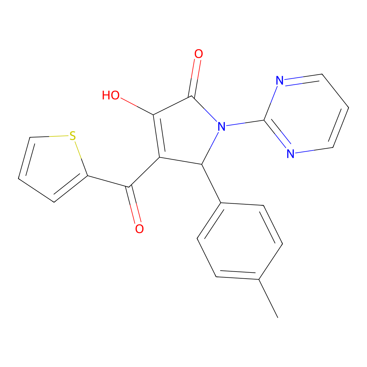 (E)-[2-(4-methylphenyl)-4,5-dioxo-1-(pyrimidin-1-ium-2-yl)pyrrolidin-3-ylidene](thiophen-2-yl)methanolate molecular structure, CAS 488743-44-8