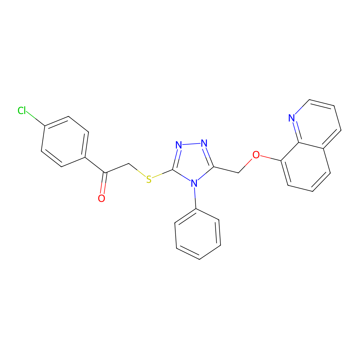 1-(4-Chlorophenyl)-2-[[4-phenyl-5-(quinolin-8-yloxymethyl)-1,2,4-triazol-3-yl]sulfanyl]ethanone molecular structure, CAS 488743-87-9