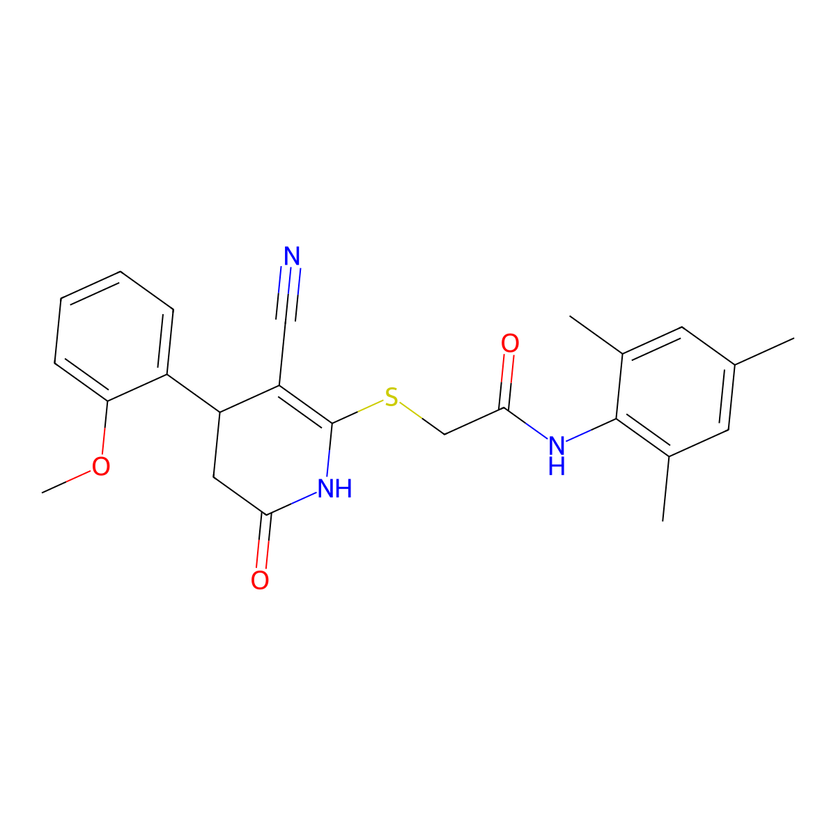 2-((3-cyano-4-(2-methoxyphenyl)-6-oxo-1,4,5,6-tetrahydropyridin-2-yl)thio)-N-mesitylacetamide molecular structure, CAS 488744-44-1