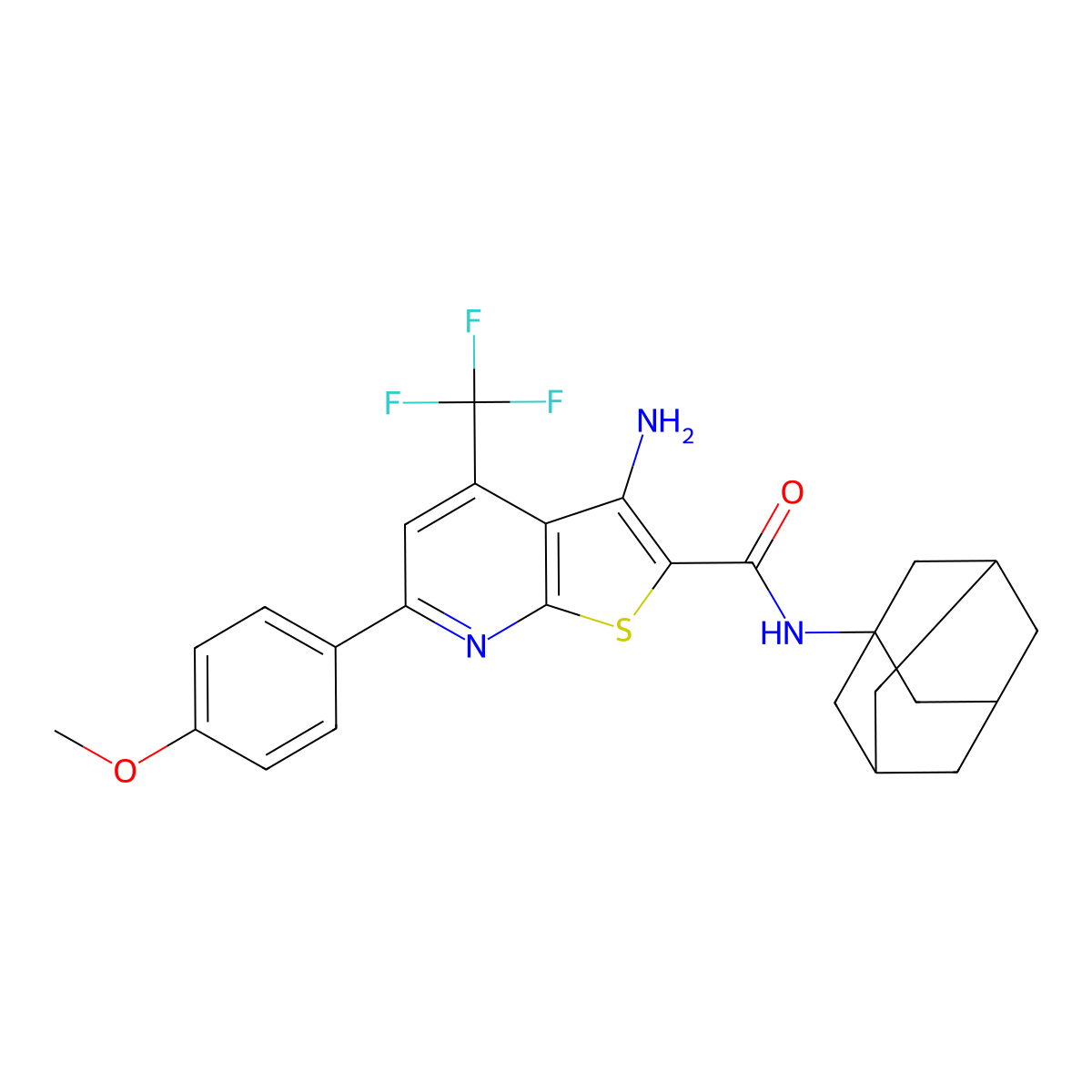 N-(1-adamantyl)-3-amino-6-(4-methoxyphenyl)-4-(trifluoromethyl)thieno[2,3-b]pyridine-2-carboxamide molecular structure, CAS 488744-47-4