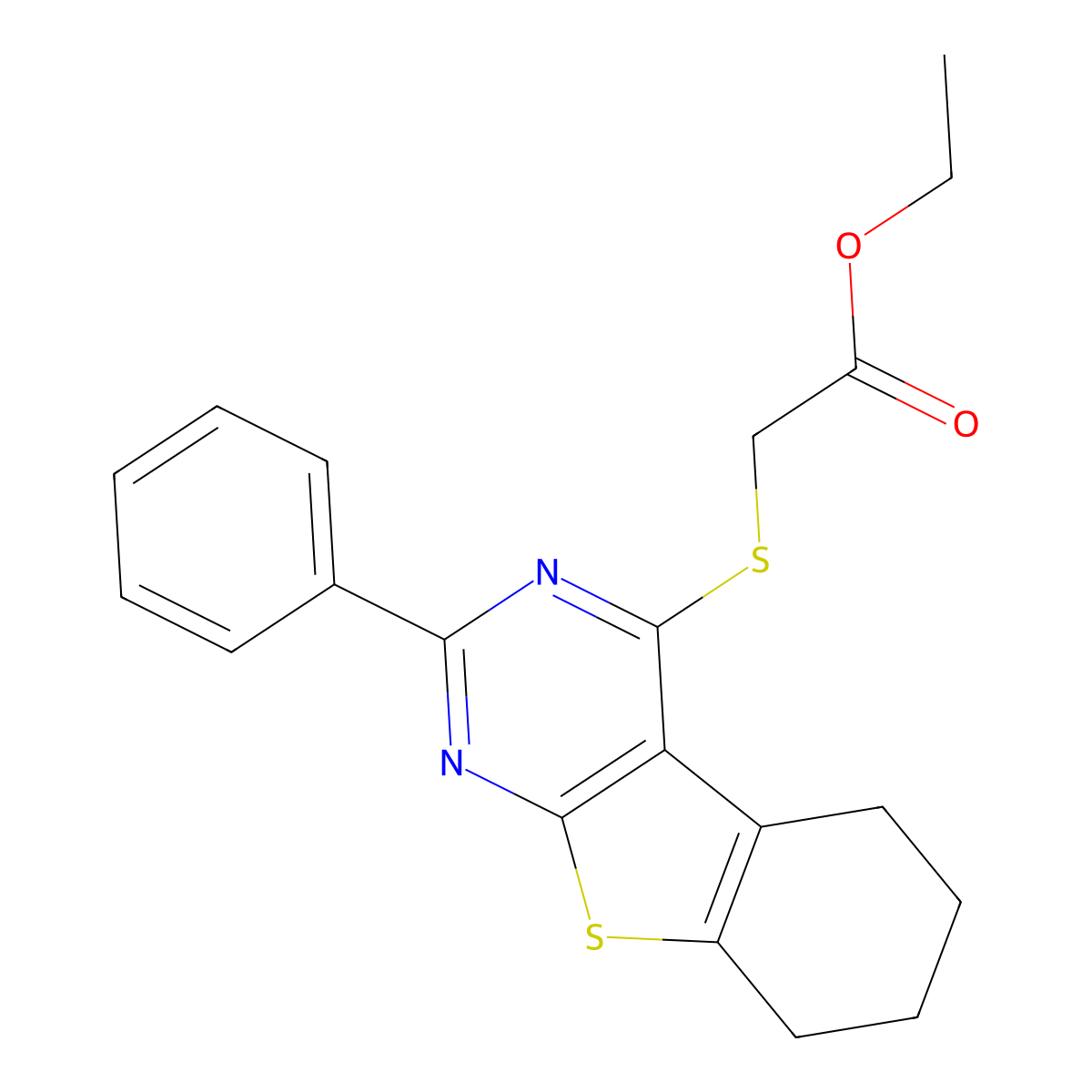 Ethyl [(2-phenyl-5,6,7,8-tetrahydro[1]benzothieno[2,3-d]pyrimidin-4-yl)sulfanyl]acetate molecular structure, CAS 488744-70-3