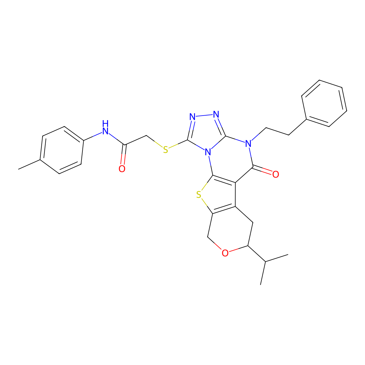 2-((7-isopropyl-5-oxo-4-phenethyl-5,6,7,9-tetrahydro-4H-pyrano[4',3':4,5]thieno[3,2-e][1,2,4]triazolo[4,3-a]pyrimidin-1-yl)thio)-N-(p-tolyl)acetamide molecular structure, CAS 488744-92-9