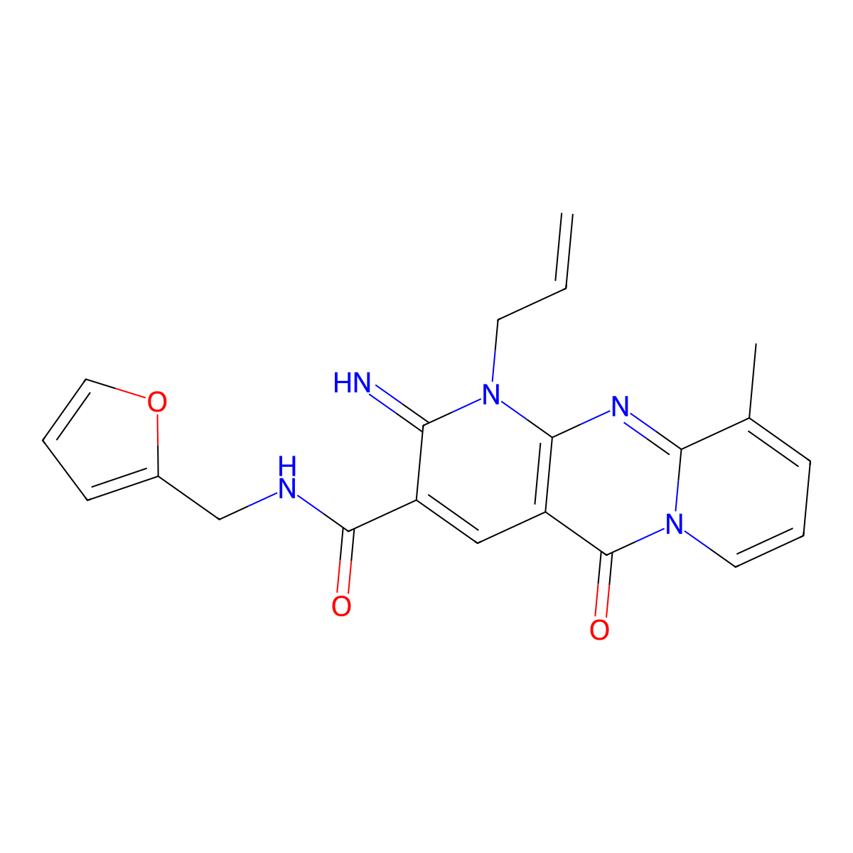 N-[(furan-2-yl)methyl]-6-imino-11-methyl-2-oxo-7-(prop-2-en-1-yl)-1,7,9-triazatricyclo[8.4.0.0^{3,8}]tetradeca-3(8),4,9,11,13-pentaene-5-carboxamide molecular structure, CAS 488745-16-0