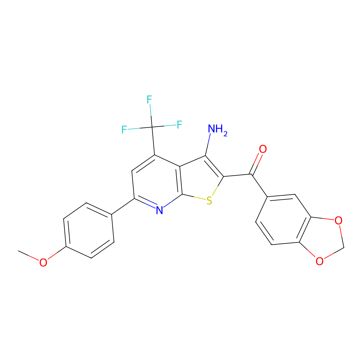 [3-Amino-6-(4-methoxyphenyl)-4-(trifluoromethyl)thieno[2,3-b]pyridin-2-yl]-(1,3-benzodioxol-5-yl)methanone molecular structure, CAS 488745-59-1