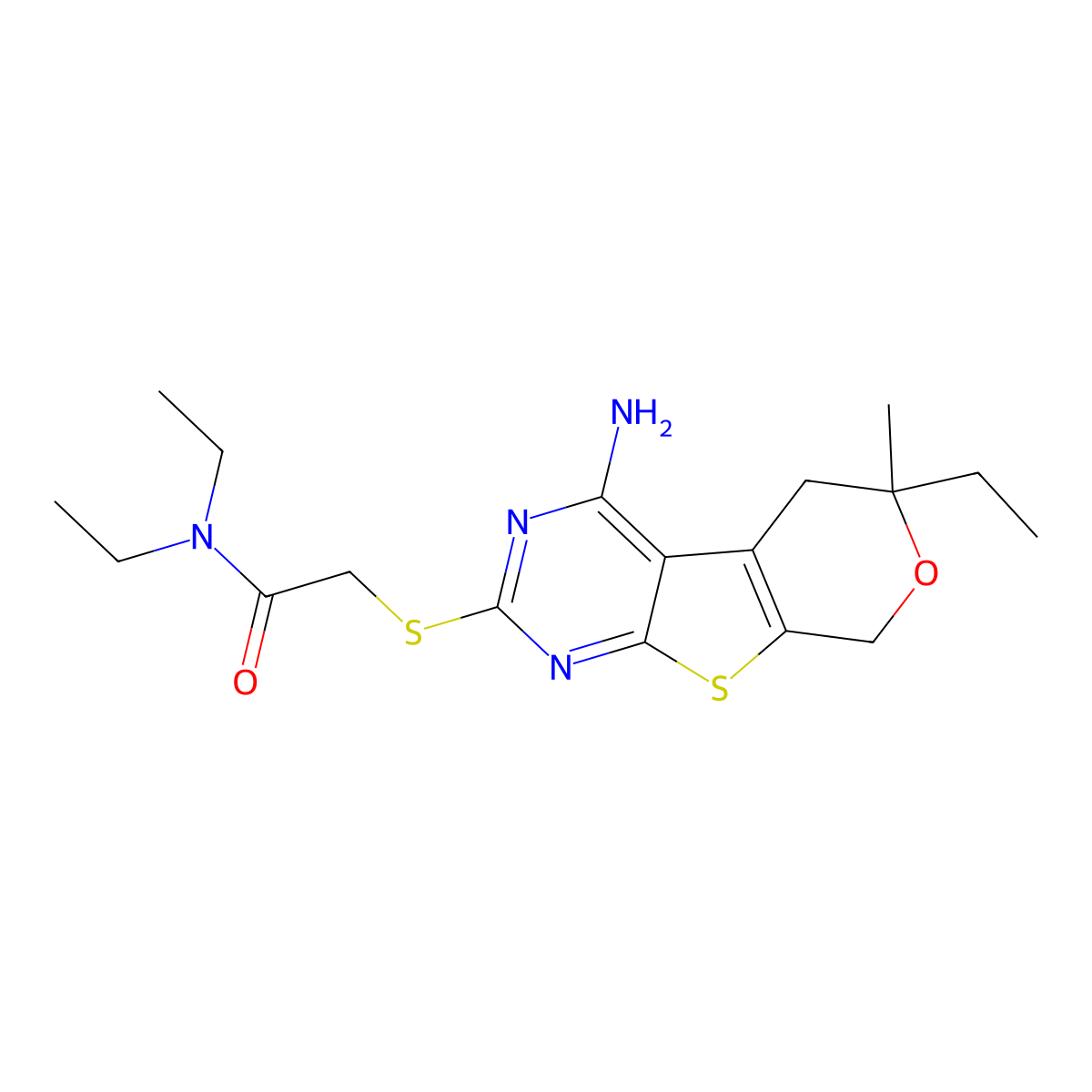 2-[(4-amino-6-ethyl-6-methyl-5,8-dihydropyrano[4,5]thieno[1,2-c]pyrimidin-2-yl)sulfanyl]-N,N-diethylacetamide molecular structure, CAS 488746-58-3