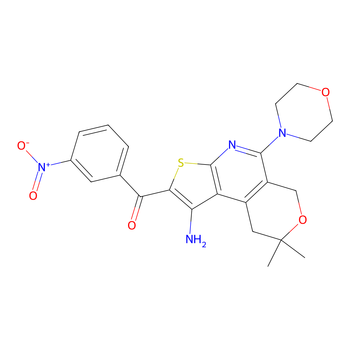 (1-amino-8,8-dimethyl-5-morpholino-8,9-dihydro-6H-pyrano[4,3-d]thieno[2,3-b]pyridin-2-yl)(3-nitrophenyl)methanone molecular structure, CAS 488747-36-0