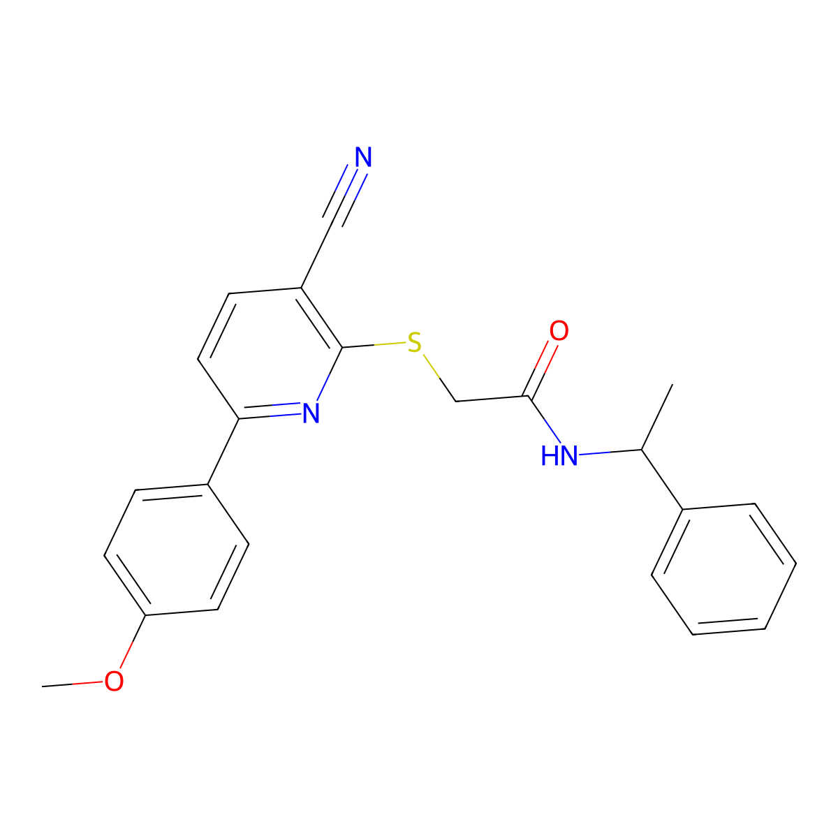 2-[3-cyano-6-(4-methoxyphenyl)pyridin-2-yl]sulfanyl-N-(1-phenylethyl)acetamide molecular structure, CAS 488747-51-9