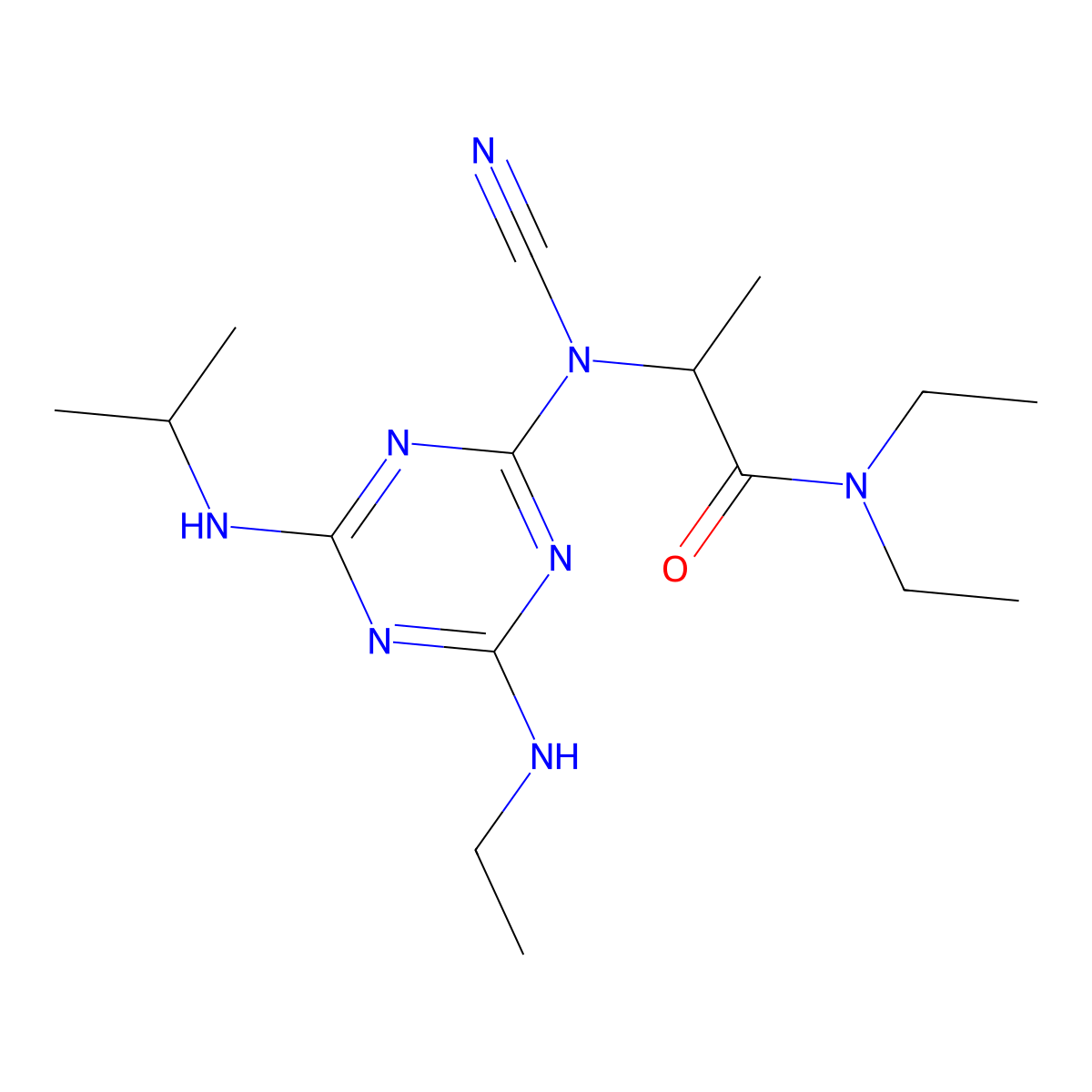 2-{cyano[4-(ethylamino)-6-(isopropylamino)-1,3,5-triazin-2-yl]amino}-N,N-diethylpropanamide molecular structure, CAS 488782-62-3