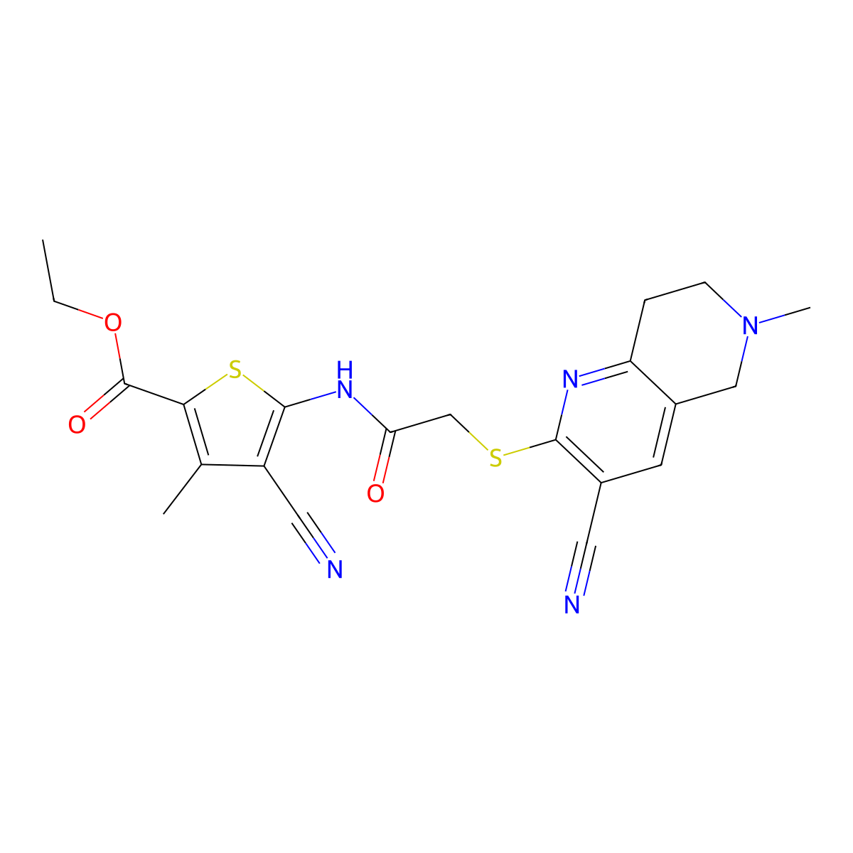 ethyl 4-cyano-5-[[2-[(3-cyano-6-methyl-7,8-dihydro-5H-1,6-naphthyridin-2-yl)sulfanyl]acetyl]amino]-3-methylthiophene-2-carboxylate molecular structure, CAS 488793-00-6