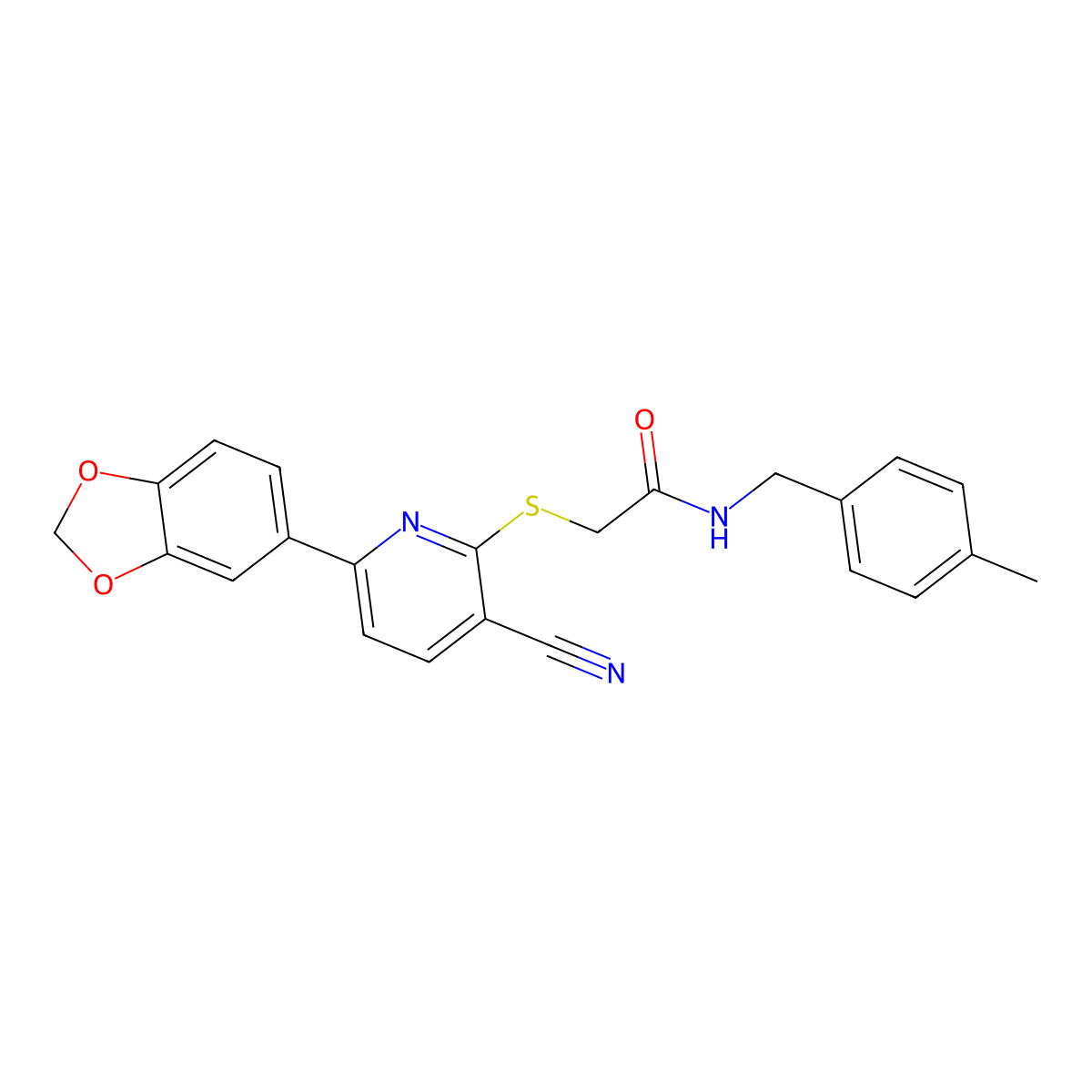 2-[6-(1,3-benzodioxol-5-yl)-3-cyanopyridin-2-yl]sulfanyl-N-[(4-methylphenyl)methyl]acetamide molecular structure, CAS 488793-35-7