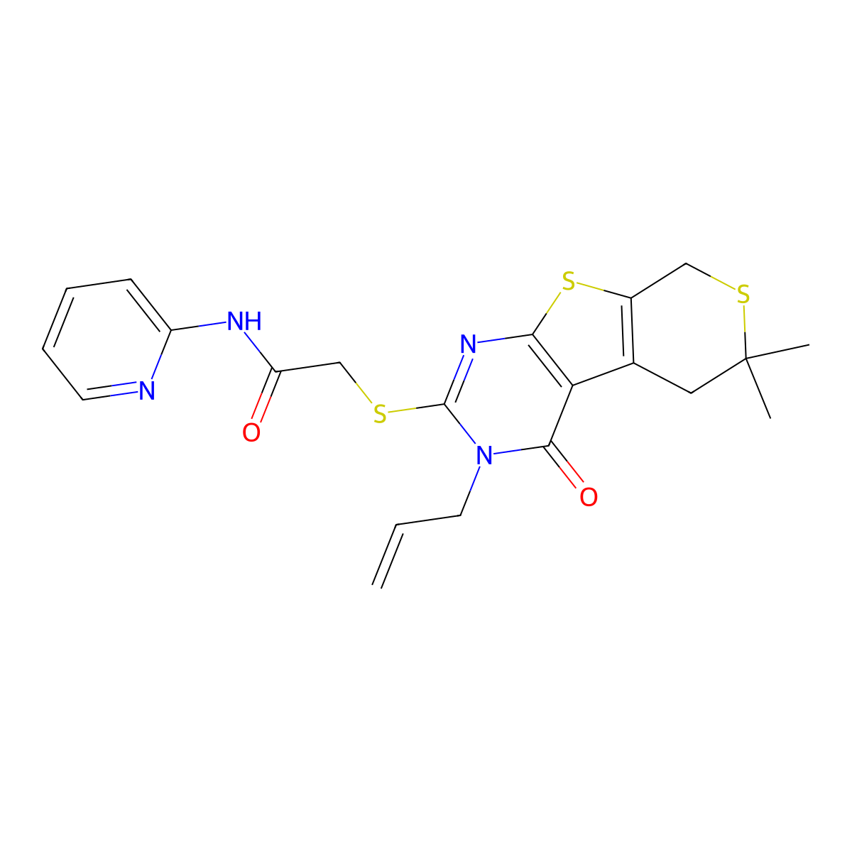 2-[(6,6-dimethyl-4-oxo-3-prop-2-enyl-5,8-dihydrothiopyrano[2,3]thieno[2,4-b]pyrimidin-2-yl)sulfanyl]-N-pyridin-2-ylacetamide molecular structure, CAS 488793-82-4