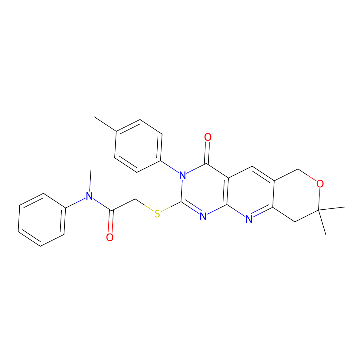 2-[[8,8-dimethyl-3-(4-methylphenyl)-4-oxo-6,9-dihydropyrano[3,4]pyrido[3,5-b]pyrimidin-2-yl]sulfanyl]-N-methyl-N-phenylacetamide molecular structure, CAS 488794-49-6
