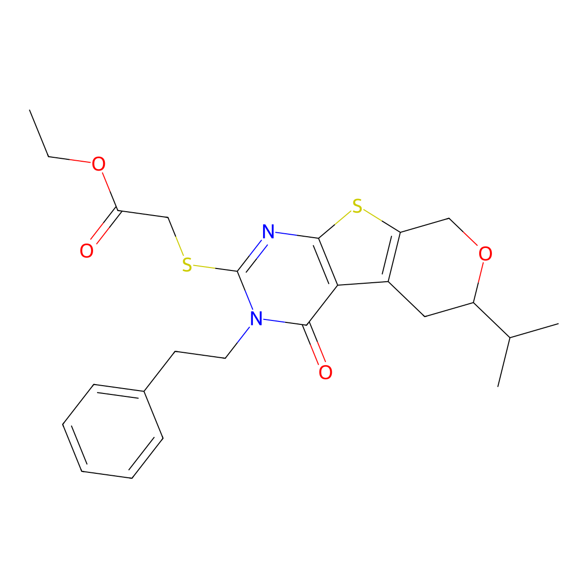 ethyl {[4-oxo-3-(2-phenylethyl)-6-(propan-2-yl)-3,5,6,8-tetrahydro-4H-pyrano[4',3':4,5]thieno[2,3-d]pyrimidin-2-yl]sulfanyl}acetate molecular structure, CAS 488795-80-8