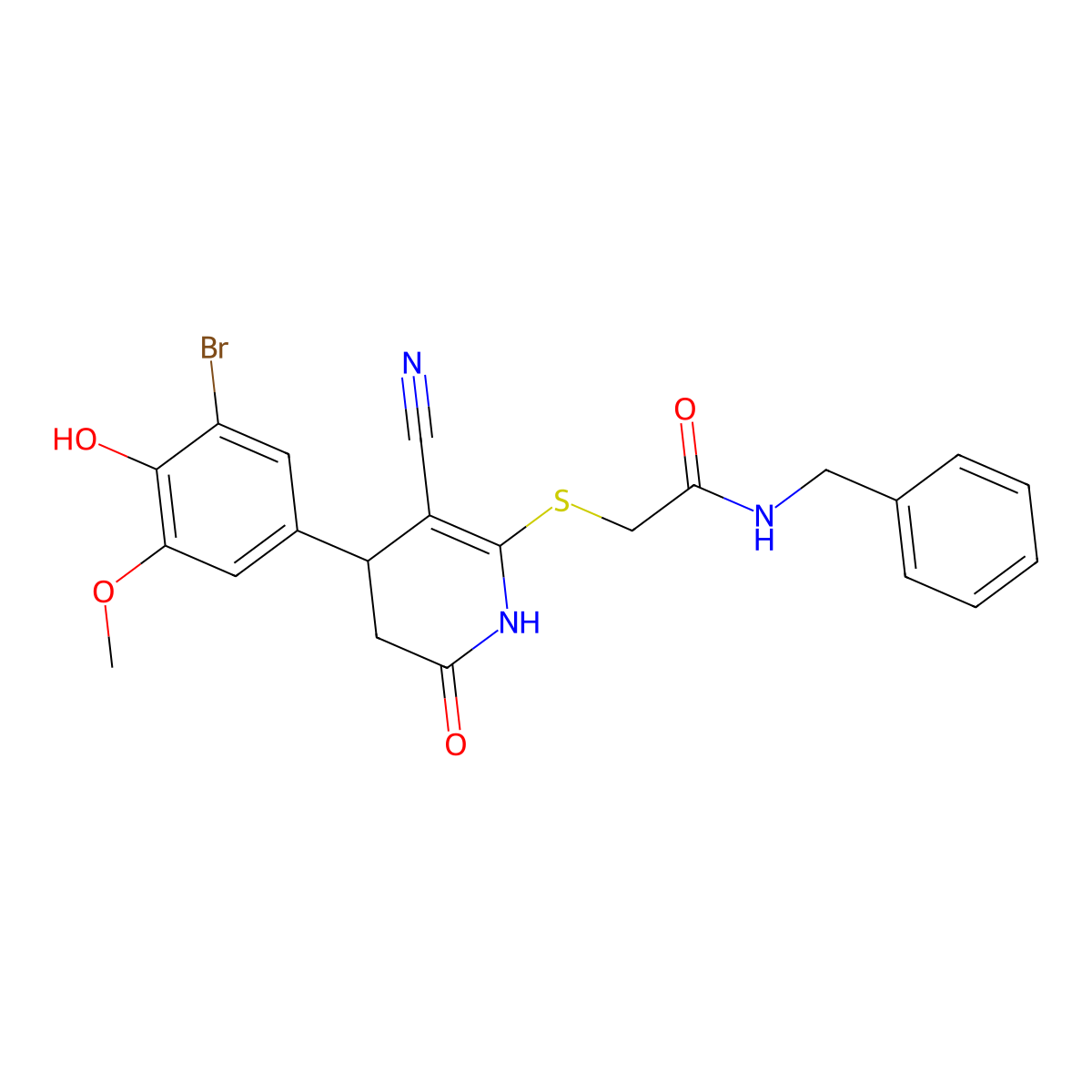 N-benzyl-2-[[4-(3-bromo-4-hydroxy-5-methoxyphenyl)-5-cyano-2-oxo-3,4-dihydro-1H-pyridin-6-yl]sulfanyl]acetamide molecular structure, CAS 488796-20-9