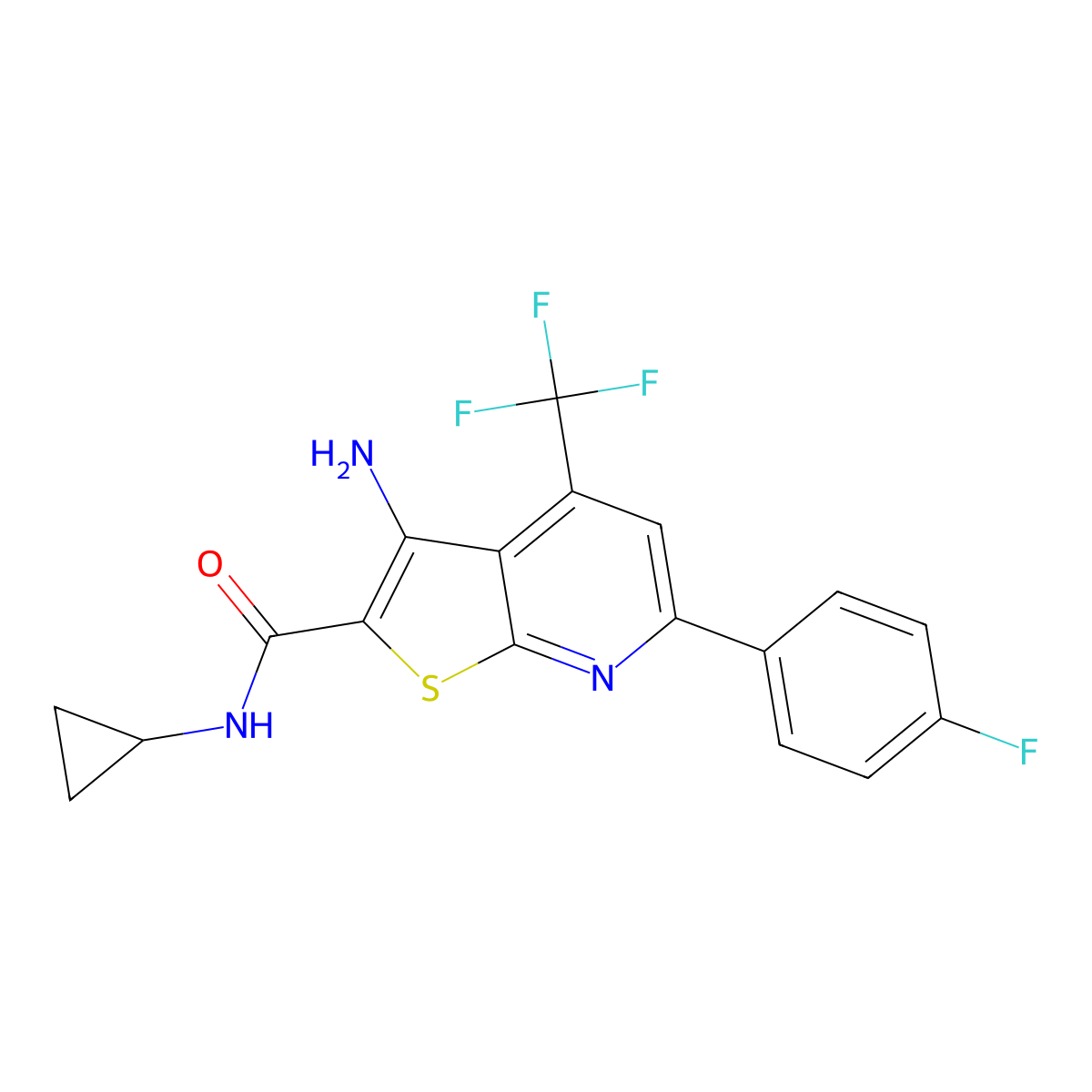 3-amino-N-cyclopropyl-6-(4-fluorophenyl)-4-(trifluoromethyl)thieno[2,3-b]pyridine-2-carboxamide molecular structure, CAS 488796-80-1