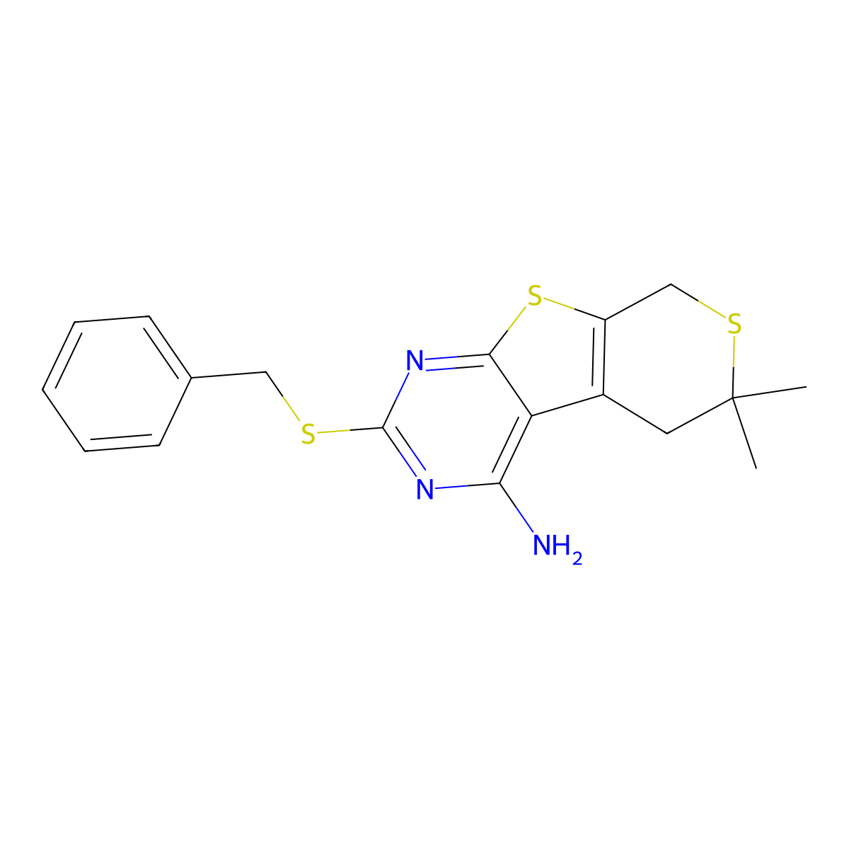 2-Benzylsulfanyl-6,6-dimethyl-5,8-dihydrothiopyrano[4,5]thieno[1,2-c]pyrimidin-4-amine molecular structure, CAS 488800-97-1