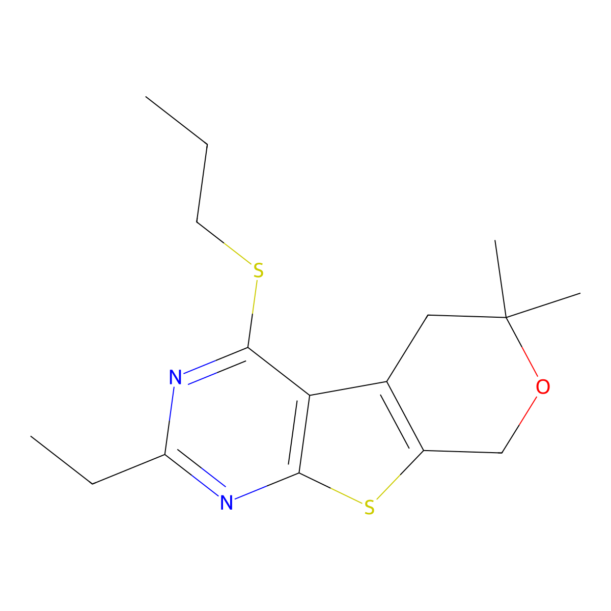 2-Ethyl-6,6-dimethyl-4-propylsulfanyl-5,8-dihydropyrano[2,3]thieno[2,4-d]pyrimidine molecular structure, CAS 488801-01-0