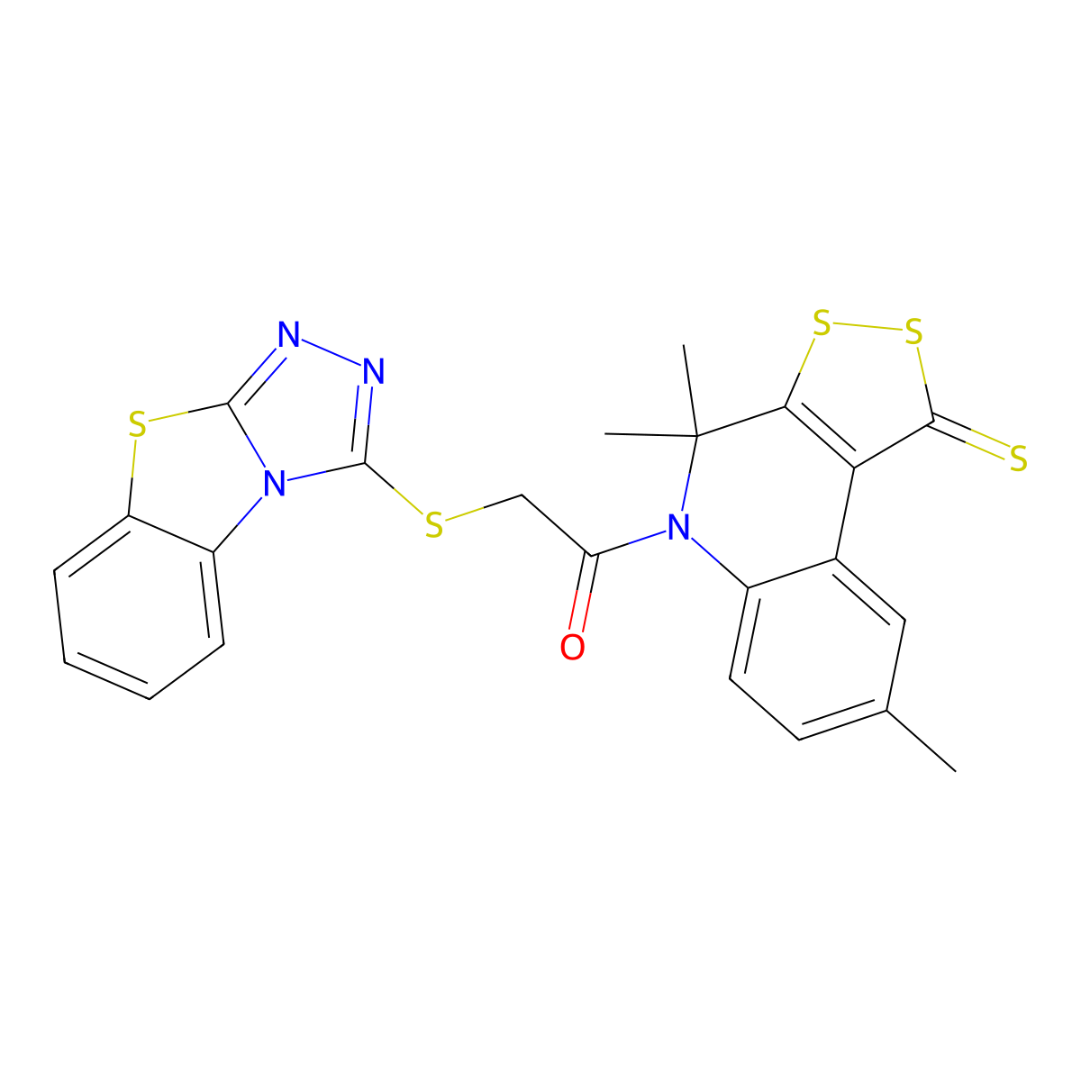 2-([1,2,4]triazolo[3,4-b][1,3]benzothiazol-3-ylsulfanyl)-1-(4,4,8-trimethyl-1-thioxo-1,4-dihydro-5H-[1,2]dithiolo[3,4-c]quinolin-5-yl)ethanone molecular structure, CAS 488801-05-4