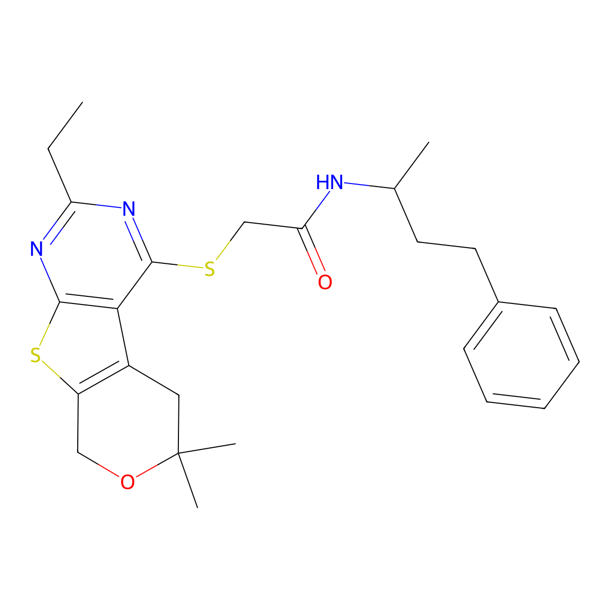 2-[(2-ethyl-6,6-dimethyl-5,8-dihydropyrano[2,3]thieno[2,4-d]pyrimidin-4-yl)sulfanyl]-N-(4-phenylbutan-2-yl)acetamide molecular structure, CAS 488801-34-9