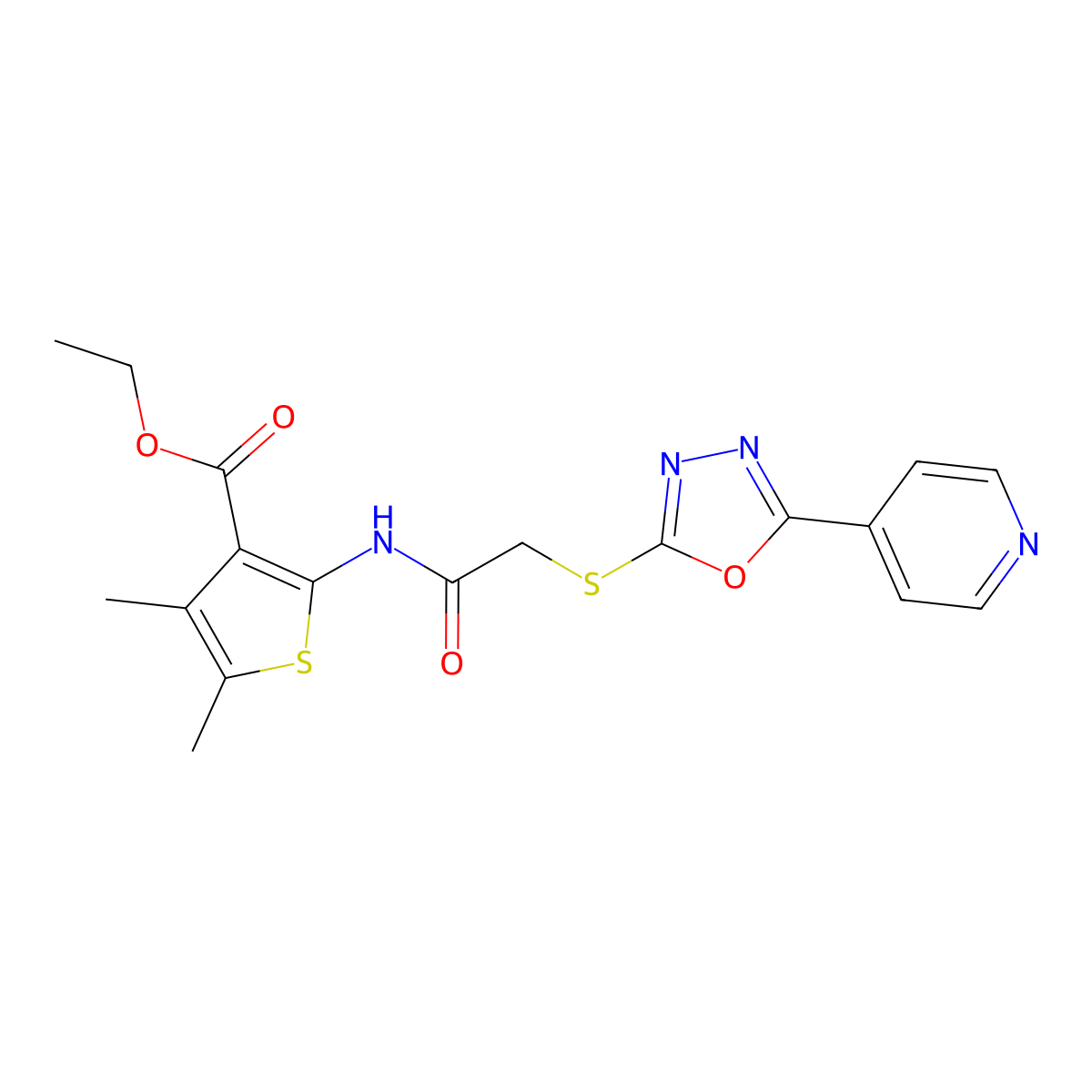 Ethyl 4,5-dimethyl-2-(2-{[5-(pyridin-4-yl)-1,3,4-oxadiazol-2-yl]sulfanyl}acetamido)thiophene-3-carboxylate molecular structure, CAS 488801-54-3