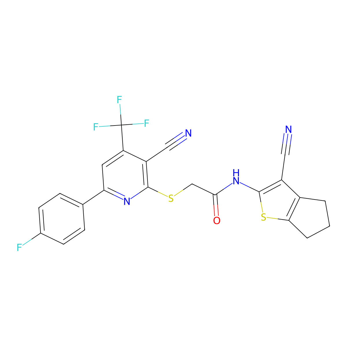 N-(3-cyano-5,6-dihydro-4H-cyclopenta[b]thiophen-2-yl)-2-[3-cyano-6-(4-fluorophenyl)-4-(trifluoromethyl)pyridin-2-yl]sulfanylacetamide molecular structure, CAS 488801-72-5