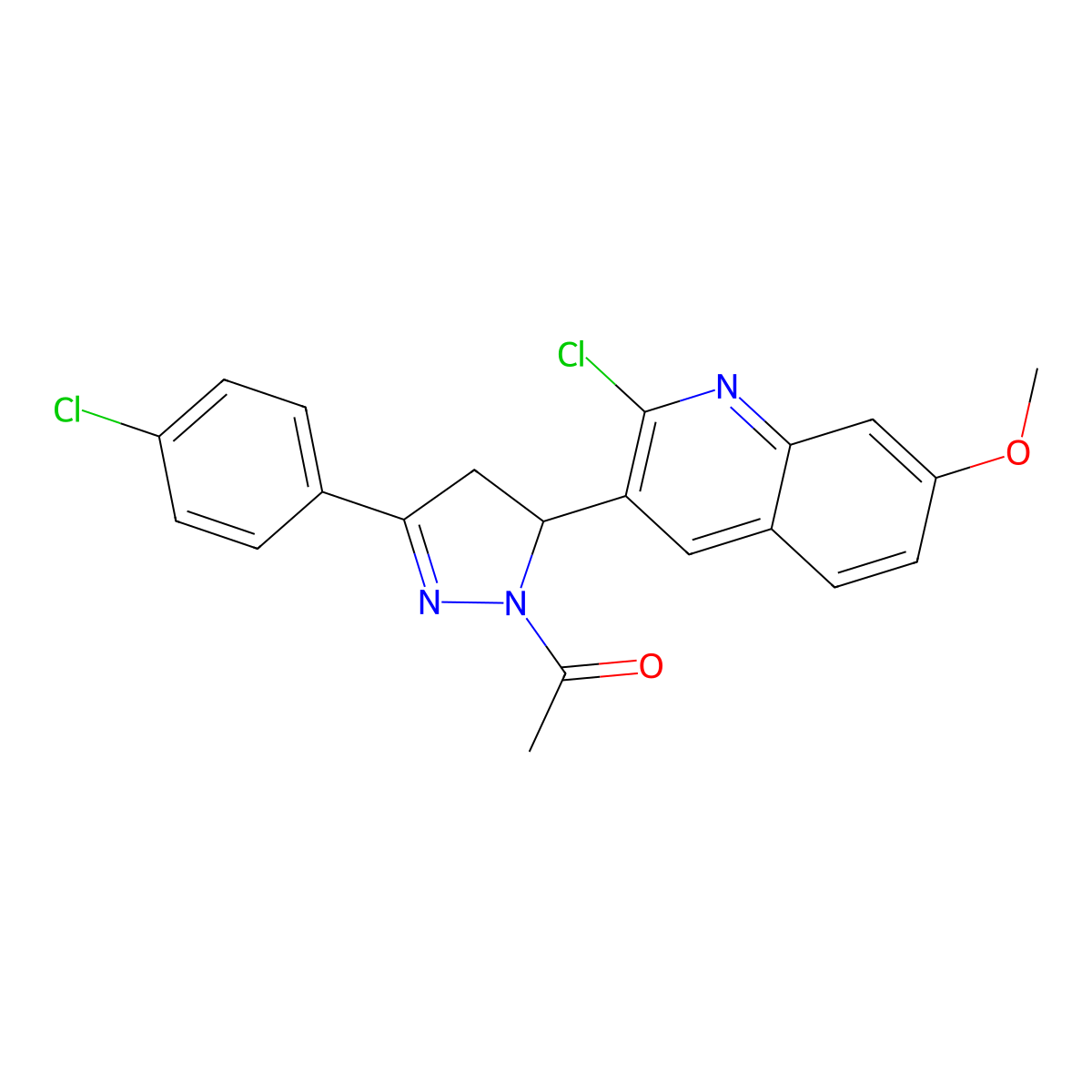 1-[3-(2-Chloro-7-methoxyquinolin-3-yl)-5-(4-chlorophenyl)-3,4-dihydropyrazol-2-yl]ethanone molecular structure, CAS 488802-39-7