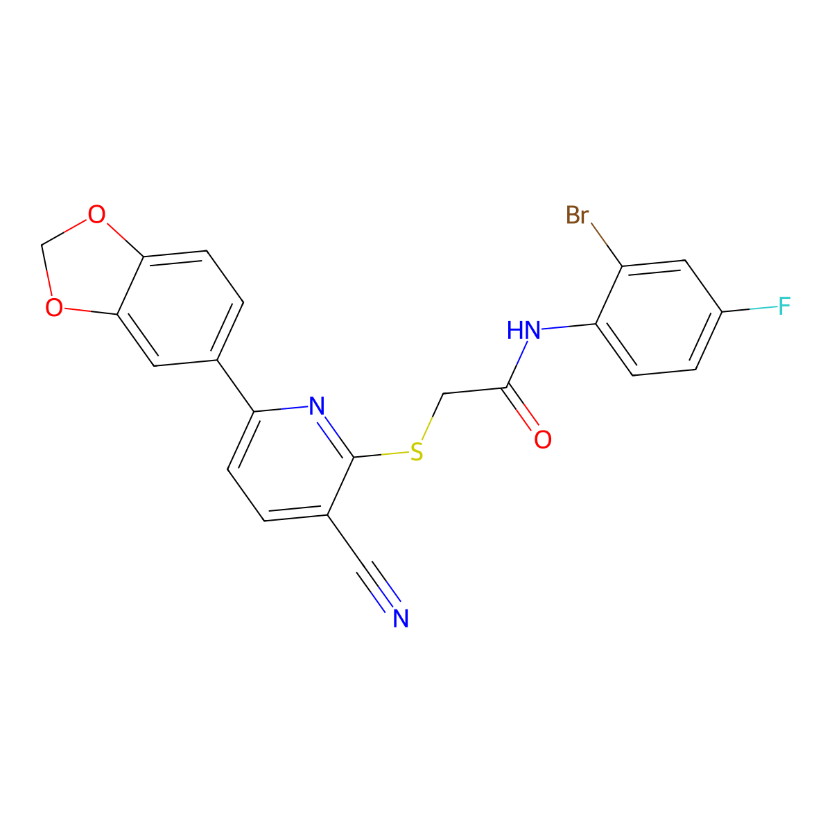 2-[6-(1,3-benzodioxol-5-yl)-3-cyanopyridin-2-yl]sulfanyl-N-(2-bromo-4-fluorophenyl)acetamide molecular structure, CAS 488802-62-6