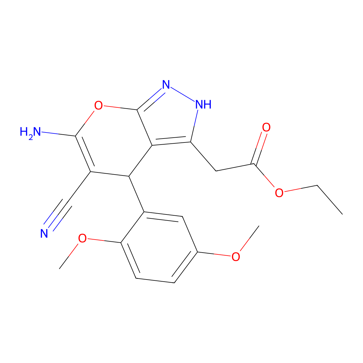 Ethyl [6-amino-5-cyano-4-(2,5-dimethoxyphenyl)-1,4-dihydropyrano[2,3-c]pyrazol-3-yl]acetate molecular structure, CAS 488802-88-6