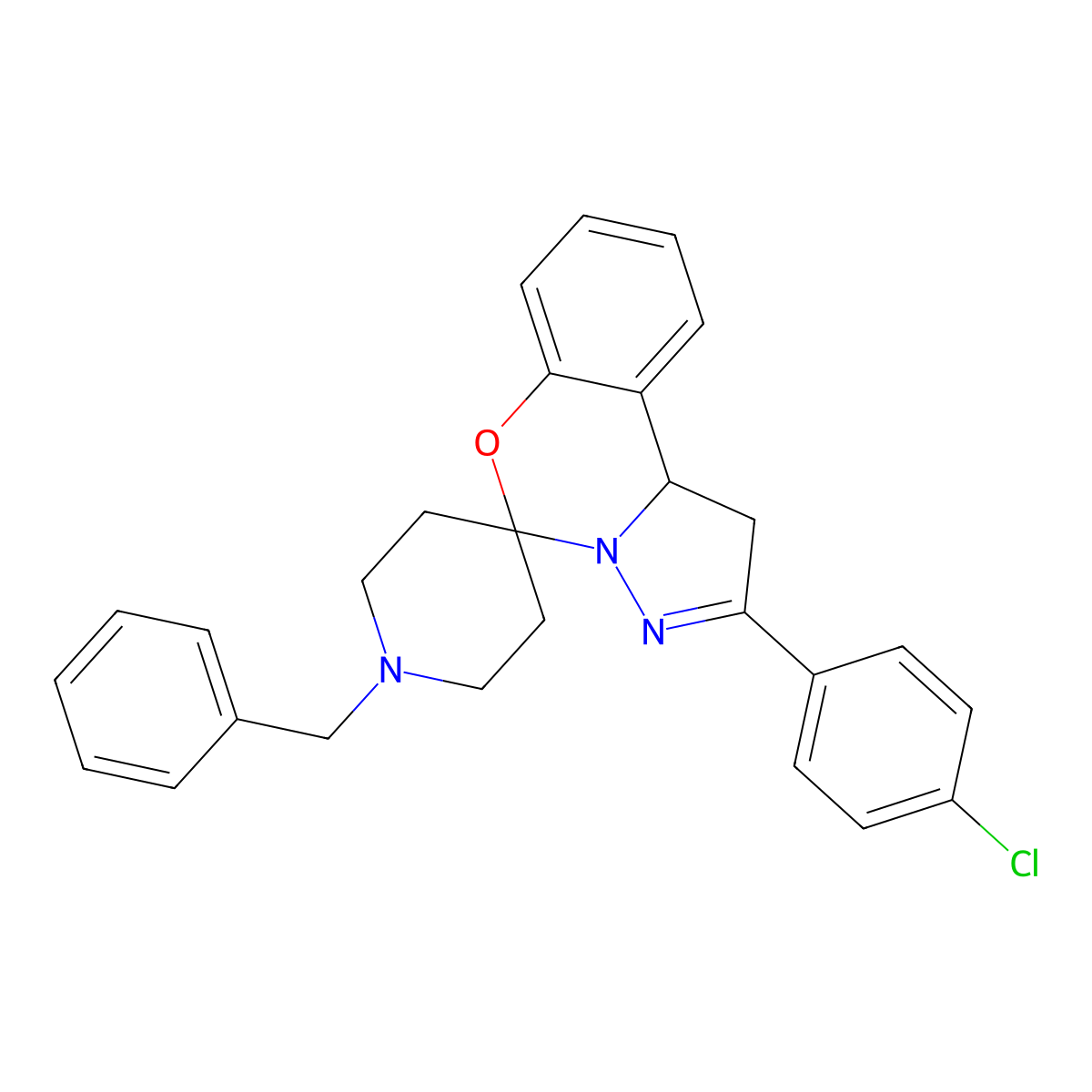 9-(4-chlorophenyl)-14-benzylspiro[10aH-benzo[e]2-pyrazolino[1,5-c]1,3-oxazine-6,4'-piperidine] molecular structure, CAS 488803-65-2