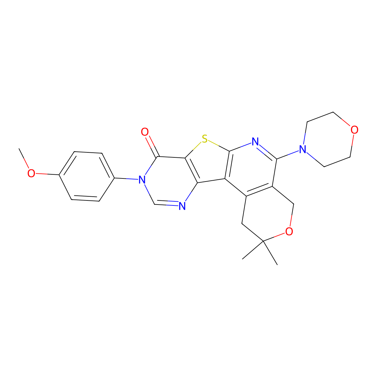 9-(4-methoxyphenyl)-2,2-dimethyl-5-morpholino-4,9-dihydro-1H-pyrano[4'',3'':4',5']pyrido[3',2':4,5]thieno[3,2-d]pyrimidin-8(2H)-one molecular structure, CAS 488805-00-1