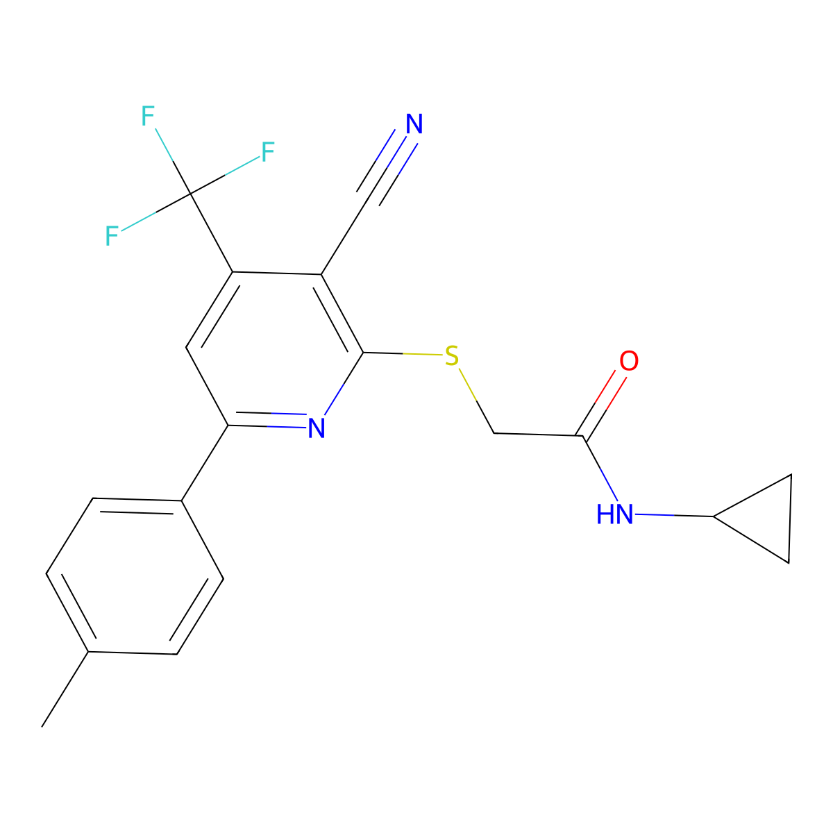 2-{[3-cyano-6-(4-methylphenyl)-4-(trifluoromethyl)pyridin-2-yl]sulfanyl}-N-cyclopropylacetamide molecular structure, CAS 488809-84-3