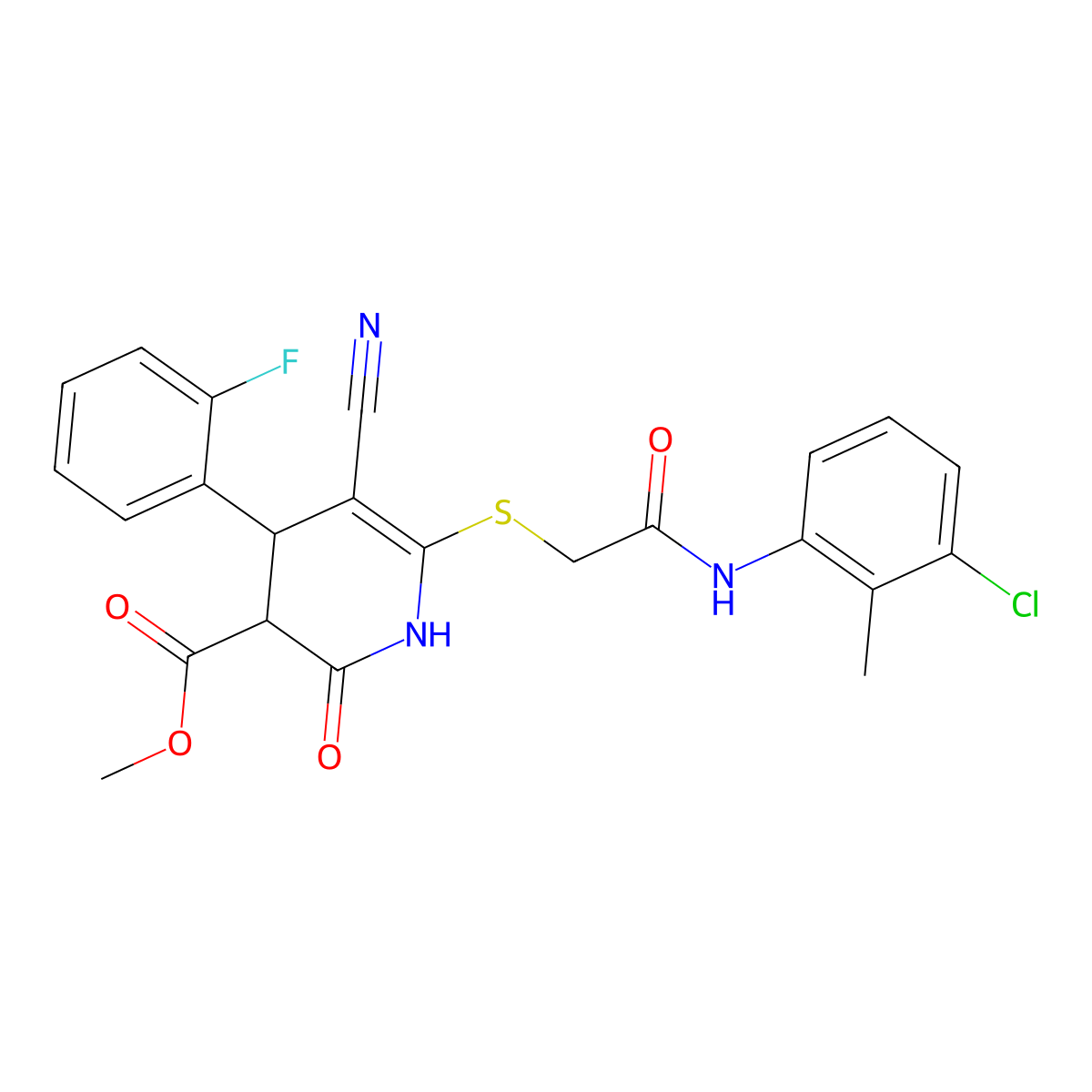 methyl 6-[2-(3-chloro-2-methylanilino)-2-oxoethyl]sulfanyl-5-cyano-4-(2-fluorophenyl)-2-oxo-3,4-dihydro-1H-pyridine-3-carboxylate molecular structure, CAS 488809-85-4