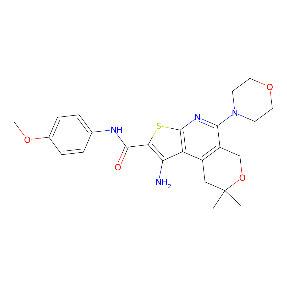 1-amino-N-(4-methoxyphenyl)-8,8-dimethyl-5-morpholino-8,9-dihydro-6H-pyrano[4,3-d]thieno[2,3-b]pyridine-2-carboxamide molecular structure, CAS 488810-16-8